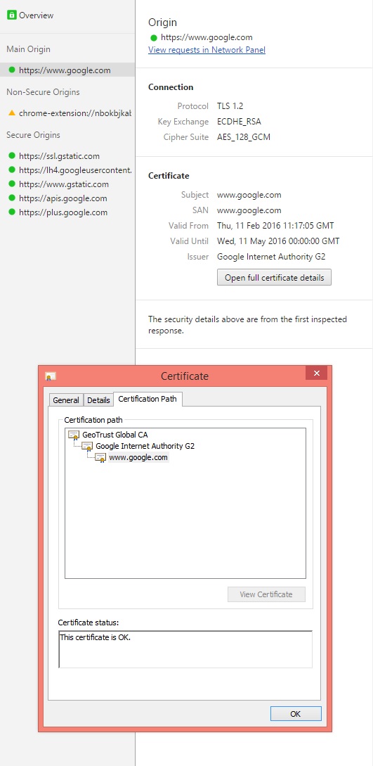 The cipher and certificate used by ’’Google.com’’. Note that Google has a 2048bit RSA signature key which it then uses to authenticate an elliptic curve based Diffie Hellman key exchange protocol to create session keys for the block cipher AES with 128 bit key in Calois Counter Mode.